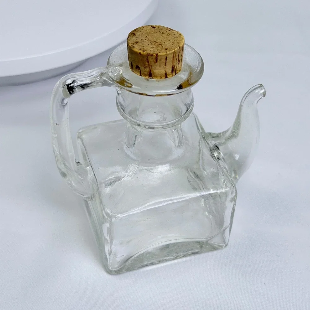 Vintage Handblown Clear Glass Square Teapot Cruet Oil Vinegar Dispenser Cork